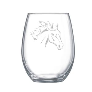 horse etched glass, etched wine glass, customized wine glasses, stemless wine glass, horse etched wine glasses,