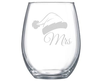 Mrs. Claus stemless wine glass,  Christmas glassware, holiday décor, Santa hat