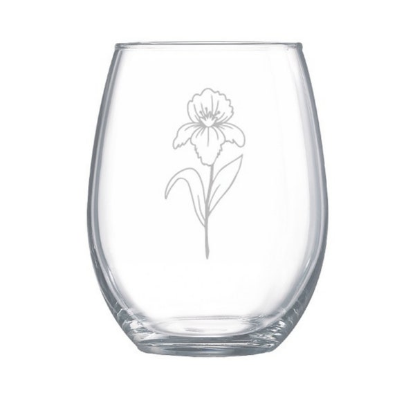 Violet flower etched glasses, February birth month flower, floral wine glass, plant lover gift