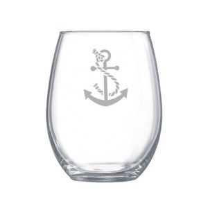 Anchor etched stemless wine glasses - personalized nautical glassware for fisher-core coastal beach house decor -boating enthusiast gift