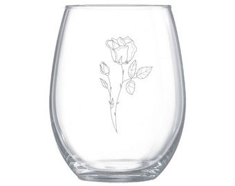 Personalized Rose Etched Stemless Glass, Custom Romantic Keepsake Barware