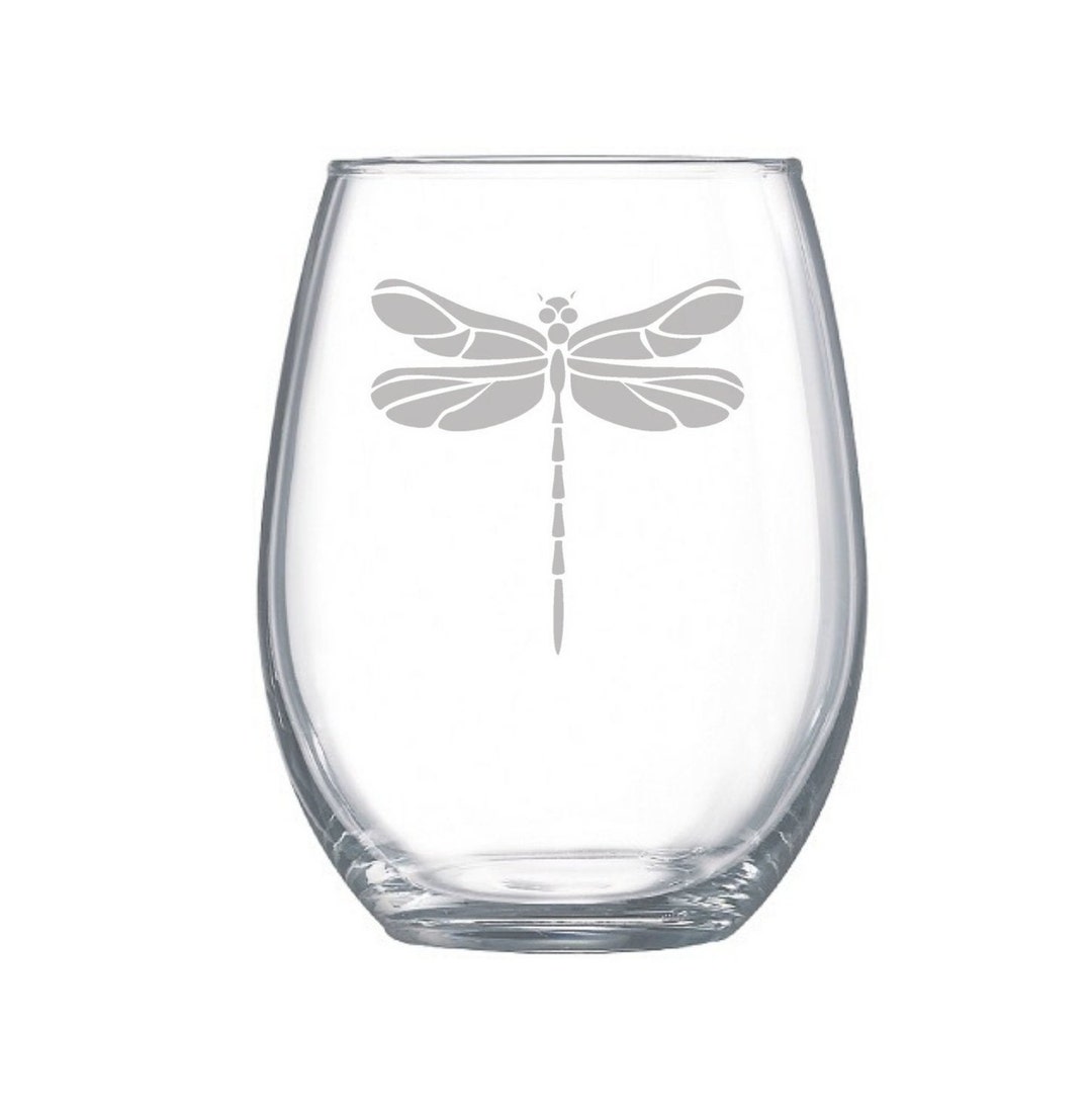 Dragonfly Etched Wine Glasses, Symbol of Transformation, Customized