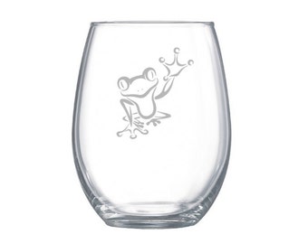 Tree frog etched wine glass, frog glass, etched wine glass, custom glass, custom etched wine glasses, stemless wine glasses