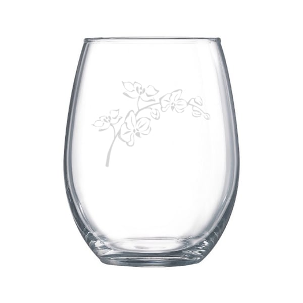 Orchid flower etched glasses, floral wine glass, plant lover gift, symbol of good luck