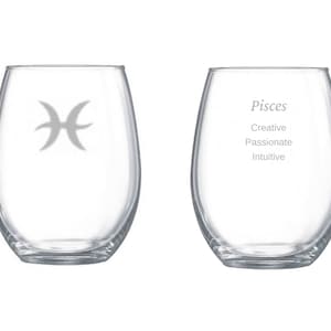 Pisces zodiac etched wine glass, Pisces glassware, Zodiac gifts