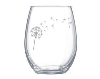 dandelion etched glasses, make a wish,  personalized etched glassware, plant lover gift