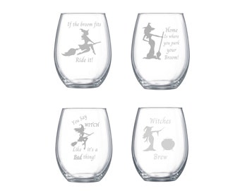 Witch wine glassware, set of 4, Halloween decor, Halloween glassware, funny gift, witchy wine glasses!