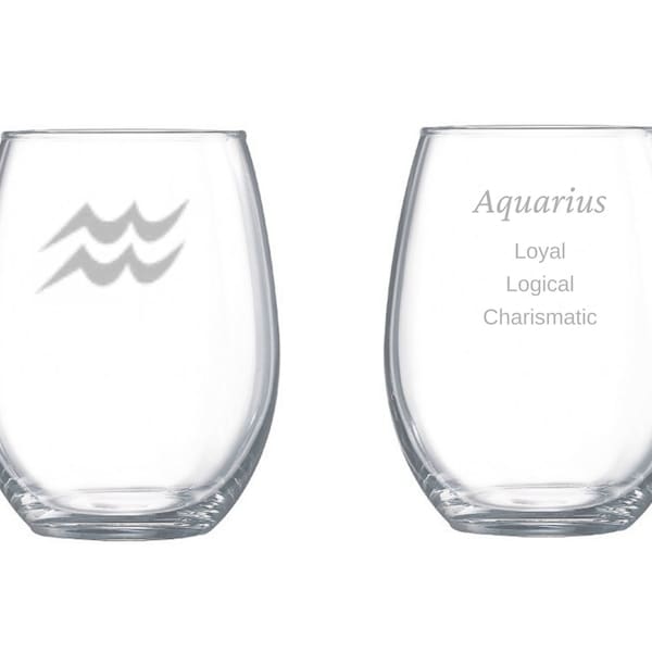 Aquarius zodiac etched wine glass, Aquarius glassware, Zodiac gifts