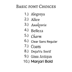 May include: A list of 10 basic font choices for design projects. The fonts are: Alegreya, Alice, Anaktoria, Belleza, Charm, Clear Sans Regular, Coats, DejaVu Serif, Glass Antiqua, and Manjari Bold.