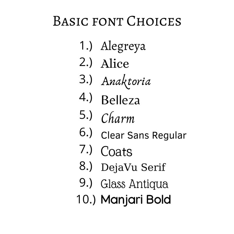 May include: A list of 10 basic font choices for design projects. The fonts are: Alegreya, Alice, Anaktoria, Belleza, Charm, Clear Sans Regular, Coats, DejaVu Serif, Glass Antiqua, and Manjari Bold.
