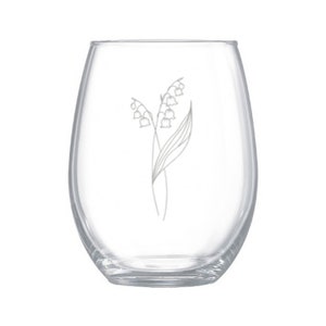 lily of the valley etched glasses, May birth month flower, floral wine glass for a plant lover gift