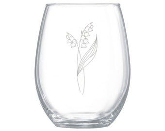 Lily of the Valley Etched Wine Glass: May Birth Flower Gift