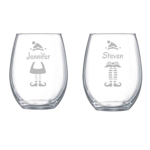 elf couples glassware set, christmas wine glass set of 2, Elf wine glasses, Anniversary gift, glassware for couples