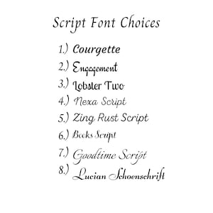 May include: A list of eight script fonts, including Courgette, Engagement, Lobster Two, Nexa Script, Zing Rust Script, Books Script, Goodtime Script, and Lucian Schoenschrift.