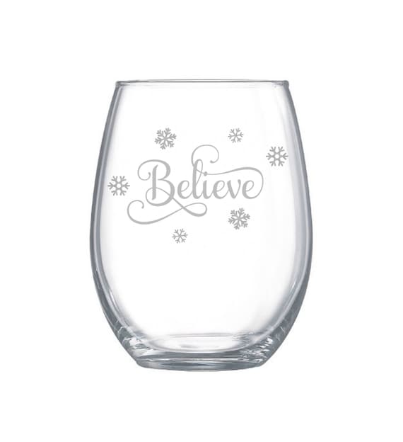 Christmas Gift holiday table Believe Etched Wine glass clear glass Handmade