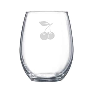 May include: A clear glass stemless wine glass with a cherry design etched on the front.