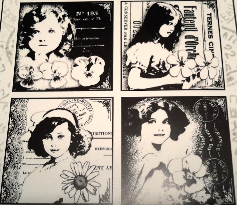 4 girls unmounted rubber stamp this stamp offers 4 images each with its own girl with flowers with a wonderful vintage look