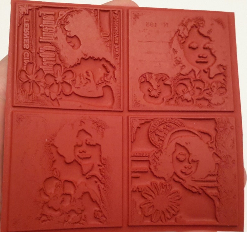 4 girls unmounted rubber stamp this stamp offers 4 images each with its own girl with flowers with a wonderful vintage look