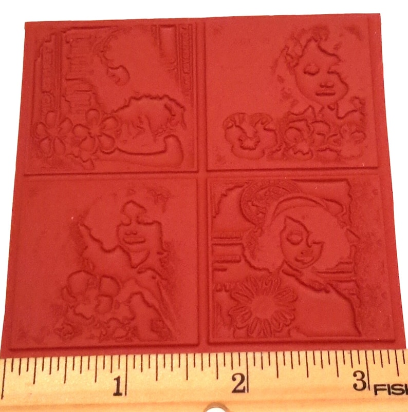 4 girls unmounted rubber stamp this stamp offers 4 images each with its own girl with flowers with a wonderful vintage look
