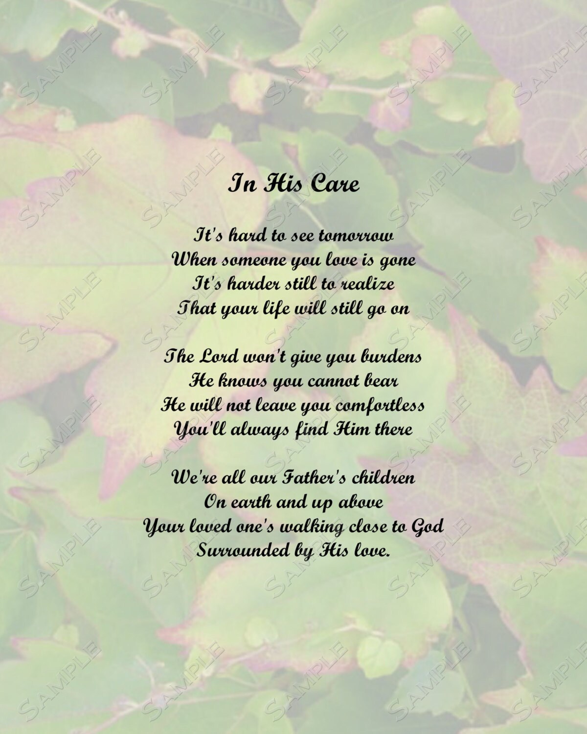 Memorial Poem In His Care 8 X 10 Print Etsy Memorial Poem In His Care 8 X 10 Print Etsy