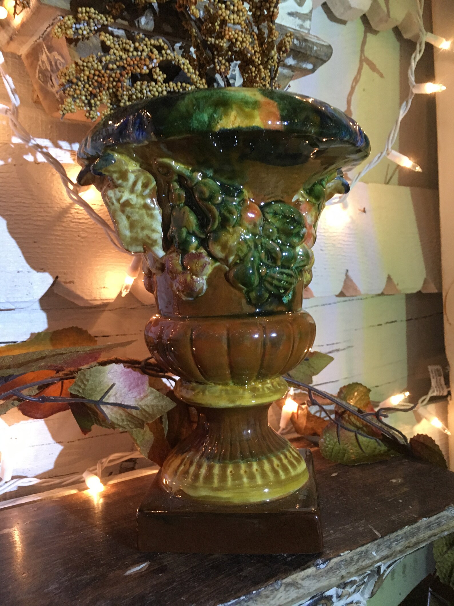 Majolica Style Pottery Urn With Goat Heads Etsy