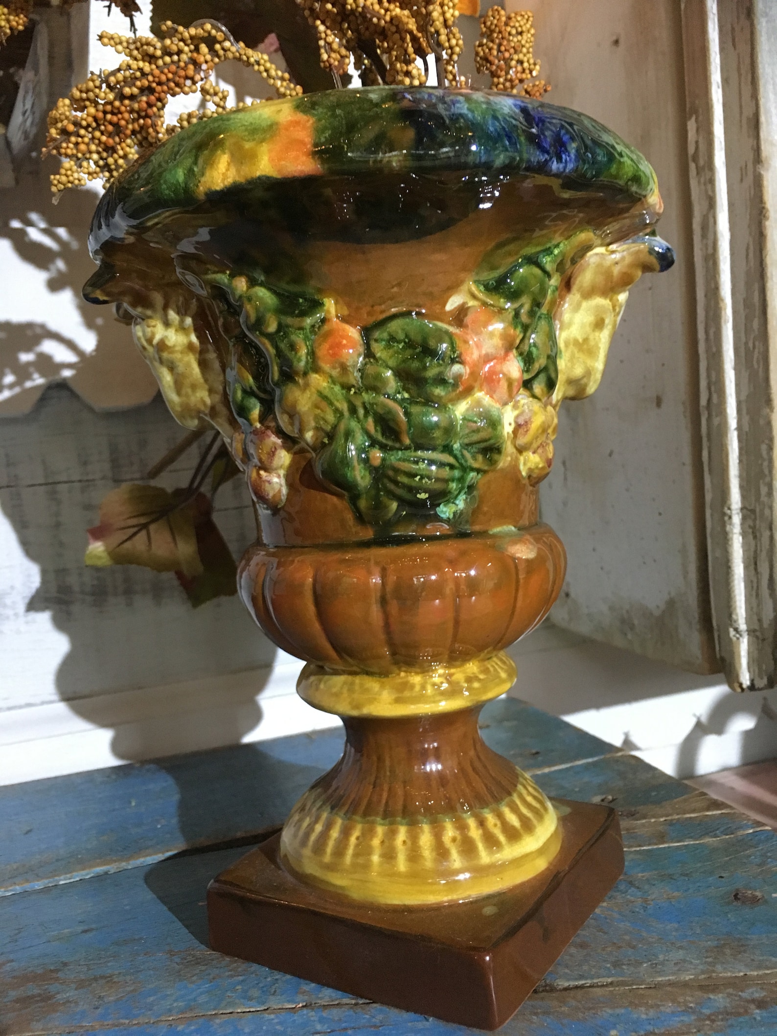 Majolica Style Pottery Urn With Goat Heads Etsy