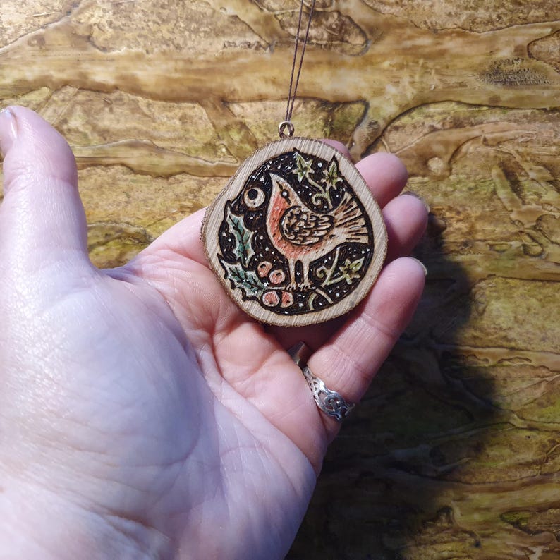 Robin and Holly and Ivy ~ an Original Wood Burning, Small Decoration ...