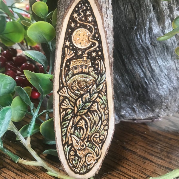 Little Mouse and Cottage ~ Wood Burnt Art, Original pyrography decorated  painted wood, natural wood slice, English wood, Hazel