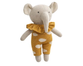 Overall van katoenen gebreide olifant met mosterd: zacht babyspeelgoed, handgemaakte knuffel, babycadeau