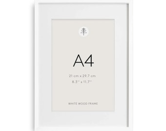 A4 White Wood Picture Frame: Modern Minimalist Hardwood, Includes Mat