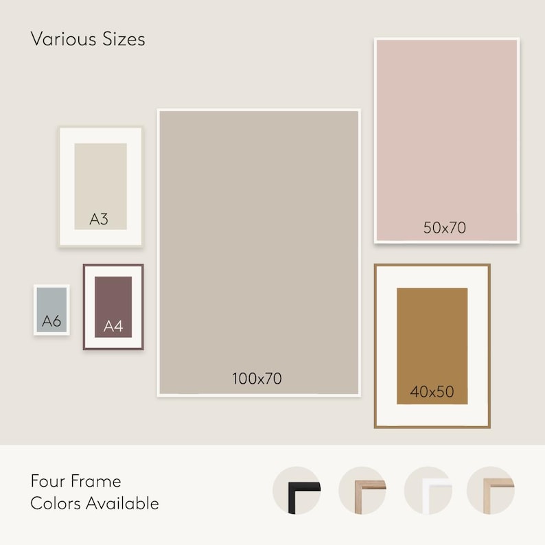 May include: A display of rectangular frames in various sizes labeled A3, A6, A4, 50x70, 100x70, and 40x50. The text "Various Sizes" appears at the top left. Four frame color options are shown at the bottom, labeled "Four Frame Colors Available."