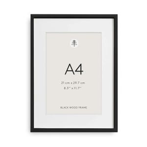 May include: A black wood frame containing a white mat and a central print with a small tree icon, the text A4, the dimensions 21 cm x 29.7 cm and 8.3" x 11.7", and the words BLACK WOOD FRAME printed at the bottom of the display area.