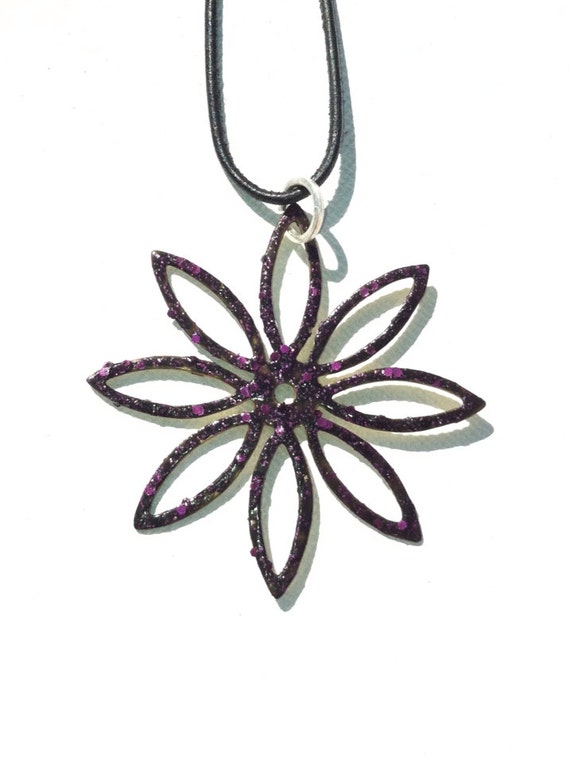 Items similar to Purple Eggplant Enamel Glitter Floral Pendant on Etsy
