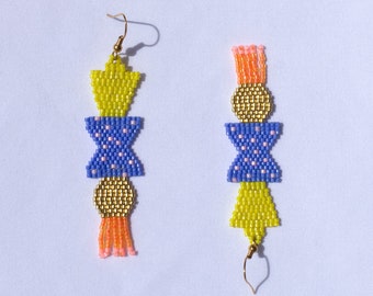Long geometric beaded earrings, colourful statement earrings, vibrant blue gold yellow earrings, artsy earrings, gift for her