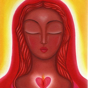 May include: A painting of a woman with her eyes closed, wearing a red robe and a halo. A red heart with a flame is depicted over her chest.