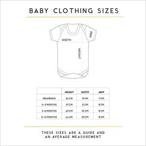 May include: A chart showing baby clothing sizes in centimeters. The chart includes the measurements for height, width, and arm length for newborn, 0-3 months, 3-6 months, and 6-12 months.