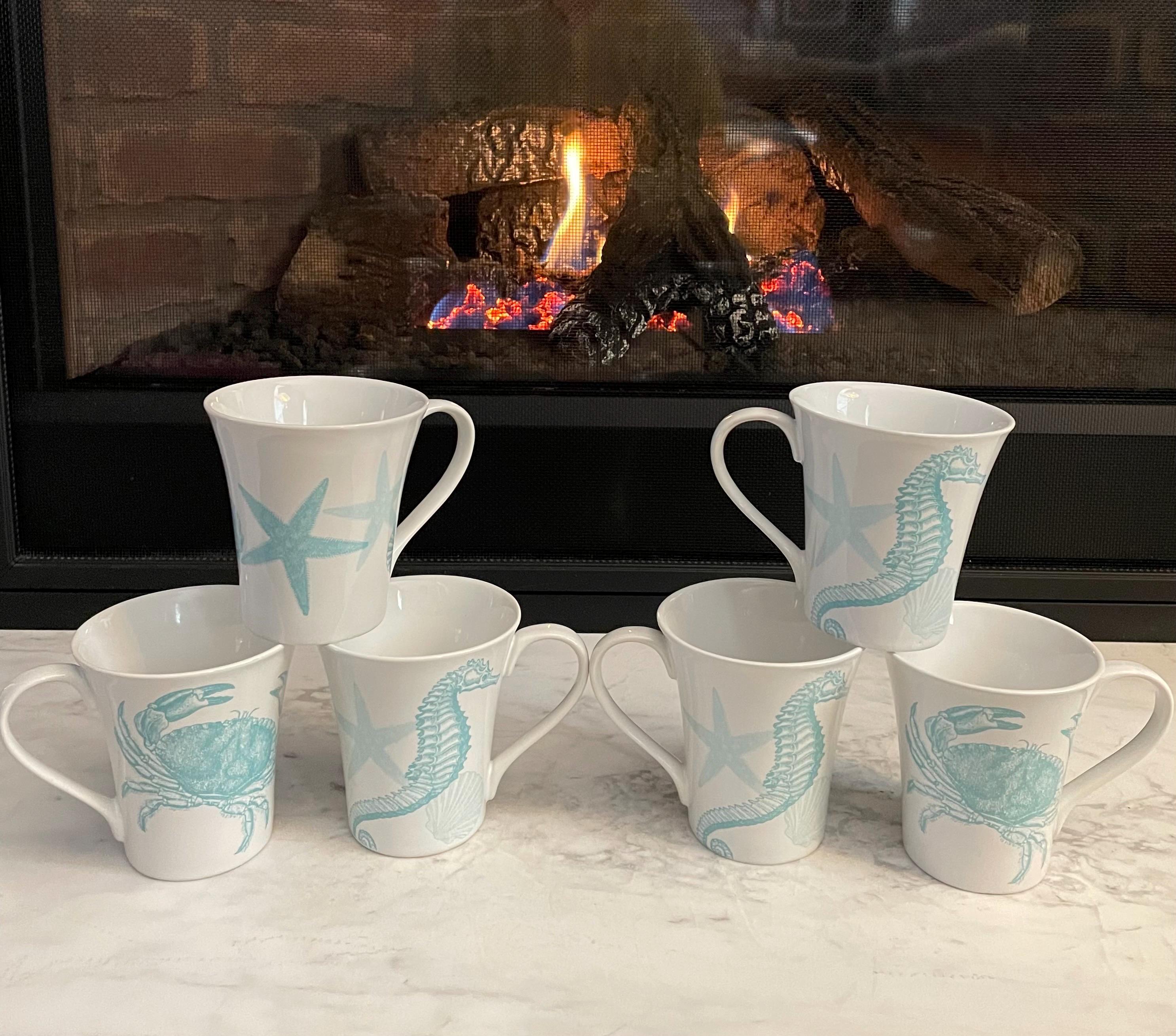 222 Fifth Coastal Life Blue Porcelain Coffee or Tea Mugs Set of 6 222 Fifth Coastal Life Blue Porcelain Coffee or Tea Mugs Set of 6
