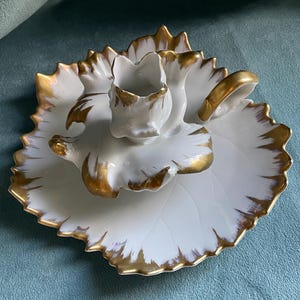 Vintage Pate de Limoges France White & Gold Porcelain Floral Candlestick Holder