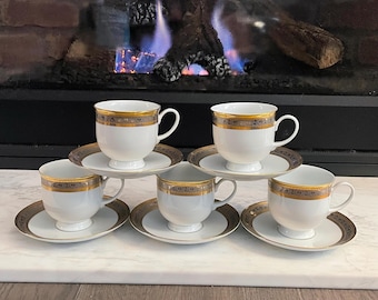 Rosenthal Classic Monaco Porcelain Gold & Platinum Metallic Border Teacups and Saucers Set of 5