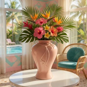 May include: A pink ceramic vase filled with a vibrant tropical flower arrangement. The bouquet includes pink hibiscus, orange birds of paradise, and yellow flowers, with green palm leaves. The vase sits on a white table in a bright room.