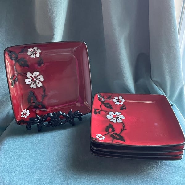 Tabletops Gallery Hibiscus Square Ceramic Floral Appetizer, Salad or Dessert Plates Set of 5