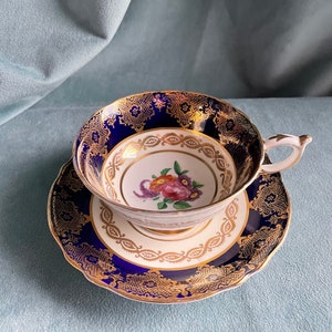 Vintage Paragon Double Warrant Floral Teacup & Saucer Bone China Cobalt Blue Band Gold Filigree Borders