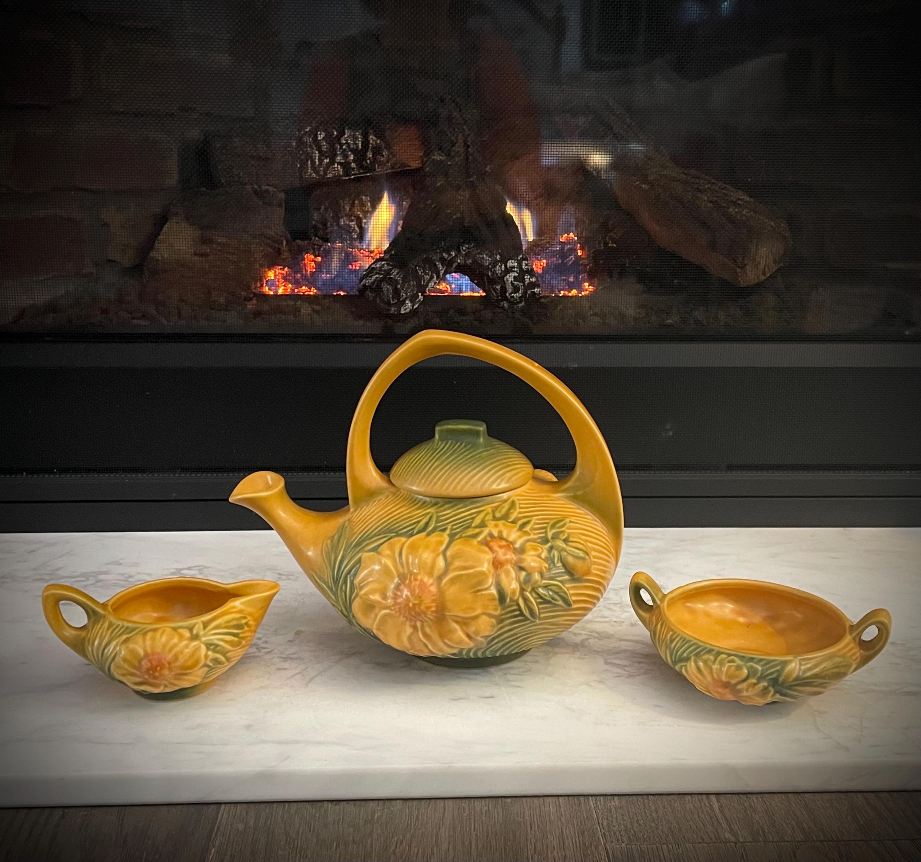 Roseville Pottery Peony Ceramic Floral Teapot, Sugar Bowl and
