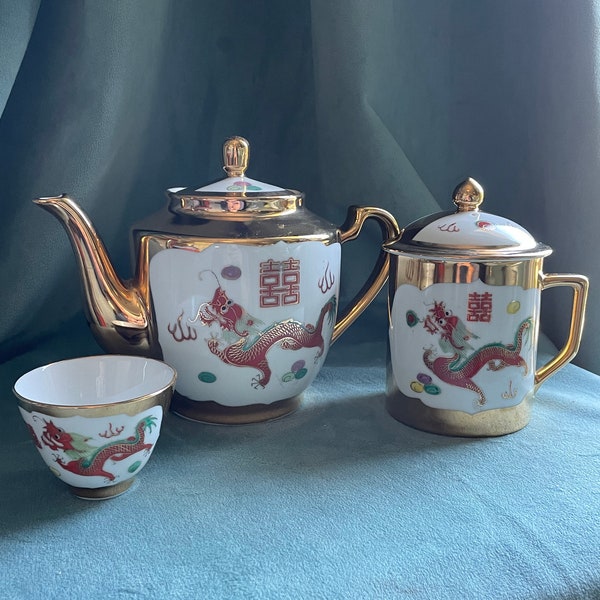 Vintage Asian 1970s Dragon and Phoenix Porcelain Gold Gilt Teapot, Lidded Cup & Tea Cup