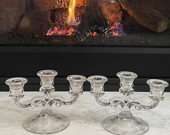 Vintage Triple Candelabra Glass Candlestick Holder with Floral Base Set of 2
