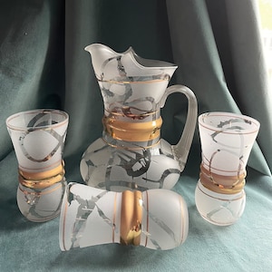Mid Century Modern Abstract Frosted & Clear Ice Lip Pitcher Gold Band and (3) Tumbler Glasses