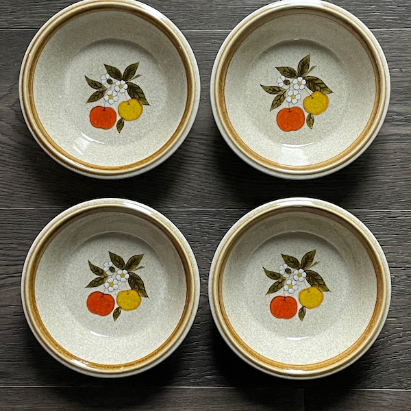 Vintage Mid Century Mikasa Stone Manor Tempting Stoneware Fruit & Blossoms Soup or Cereal Bowls Set of 4