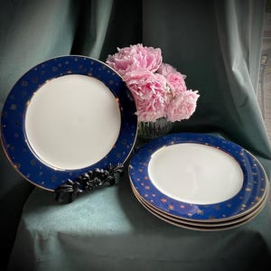 Sakura Galaxy Blue Celestial Fine Porcelain Dinner Plates with 14K Gold Stars Set of 4