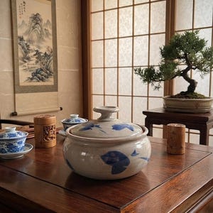 May include: A round, light-colored ceramic lidded bowl featuring hand-painted blue leaf motifs. The bowl has a smooth, glossy finish and a central knob on the lid. It sits on a dark wooden surface alongside two small wooden canisters and tea cups.