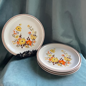 May include: Set of three white ceramic dinner plates with a brown rim and a floral design featuring yellow, orange, and brown flowers.